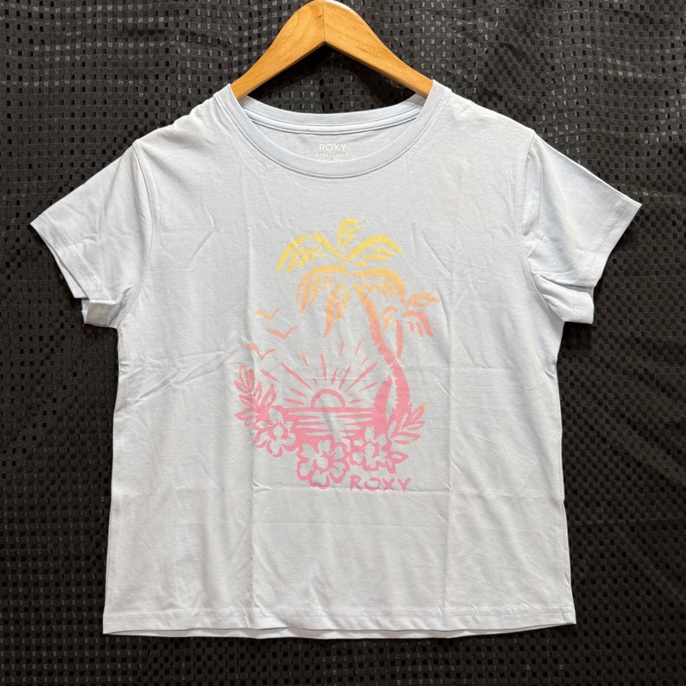 Roxy Graphic T-Shirt Girls‎ L 12/14 Skyway Blue Palm Tree Sunset Beachy Coastal
